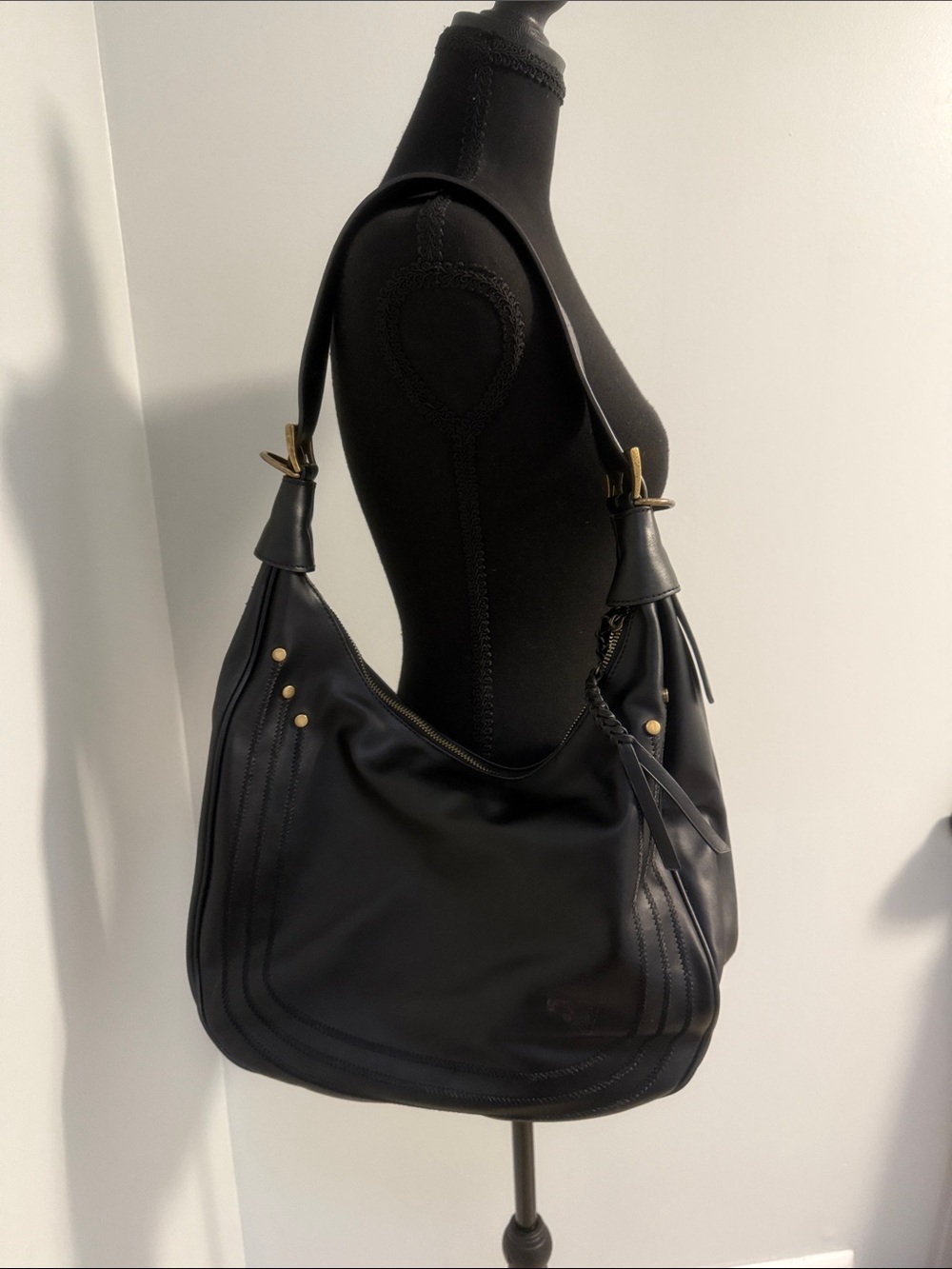 Elegant Black Shoulder Hobo Bag with Gold Accents